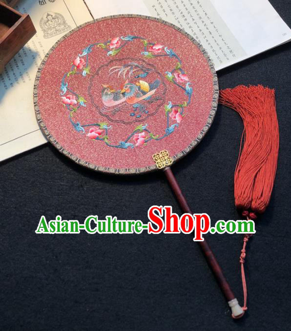 Handmade China Traditional Wedding Circular Fan Embroidery Mandarin Duck Palace Fan Embroidered Pink Silk Fan