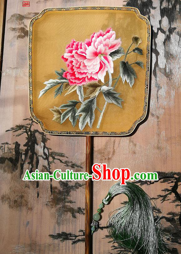 China Handmade Yellow Silk Fans Embroidered Peony Palace Fan Traditional Song Dynasty Hanfu Fan