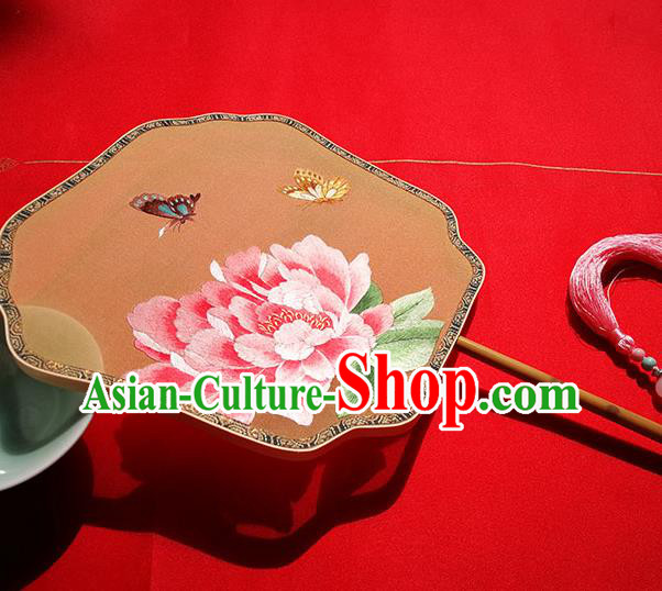 China Handmade Ginger Silk Fans Classical Palace Fan Traditional Double Sides Embroidered Peony Fan