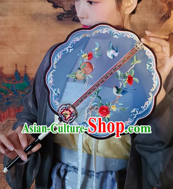 China Handmade Blue Silk Classical Palace Fan Traditional Song Dynasty Hanfu Fan Embroidered Pomegranate Fan