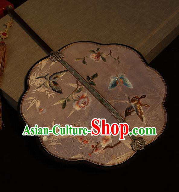 China Traditional Song Dynasty Hanfu Fan Embroidered Butterfly Fan Handmade Pink Silk Classical Wedding Palace Fan