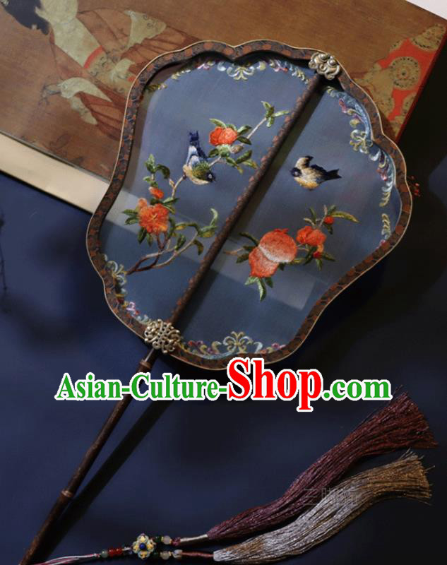 China Traditional Ming Dynasty Hanfu Embroidered Fan Handmade Blue Silk Fan Classical Wedding Palace Fan