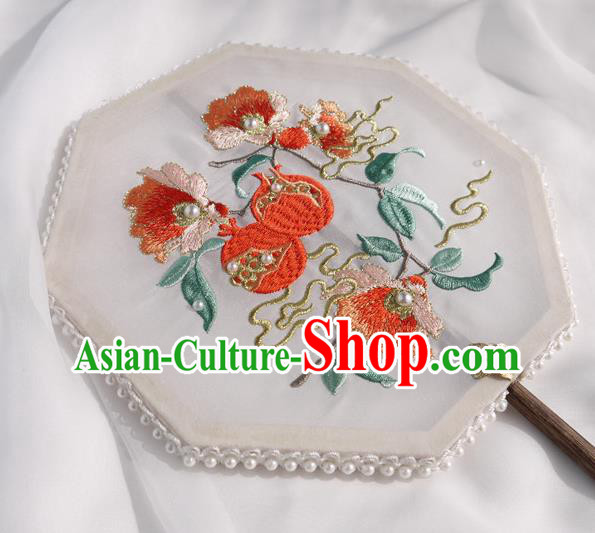 China Traditional Hanfu Fan Embroidered Pomegranate Palace Fan Handmade White Silk Octagon Fan