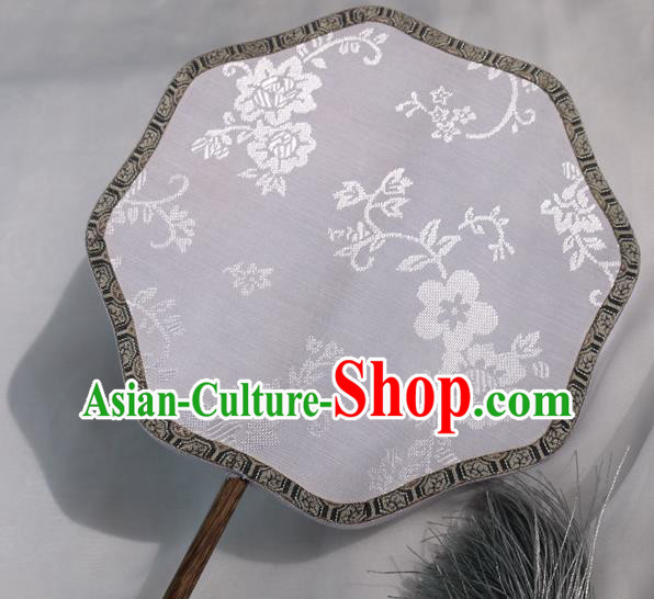 China Handmade Grey Silk Fan Classical Plum Blossom Pattern Palace Fan Traditional Hanfu Dance Fan