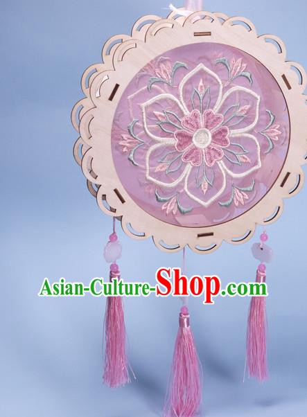 China Embroidered Portable Lantern Embroidery Pink Silk Lamp Handmade Flower Drum Lantern