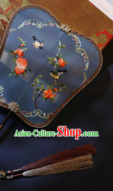 China Classical Palace Fan Traditional Ming Dynasty Hanfu Embroidered Pomegranate Fan Handmade Blue Silk Fan
