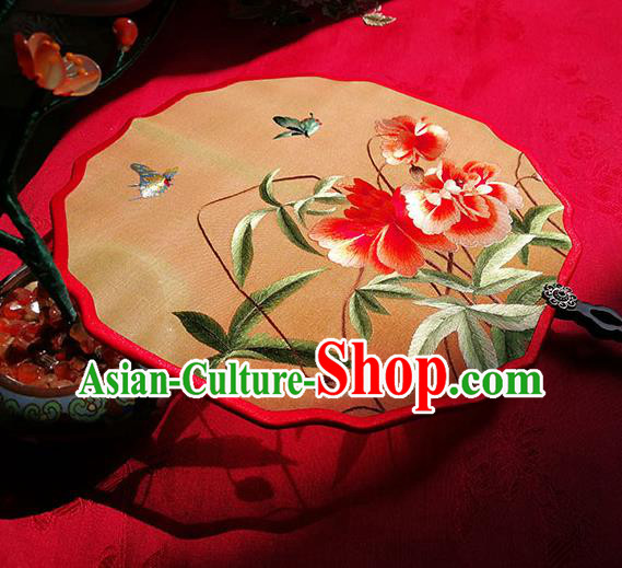 Handmade China Classical Palace Fan Traditional Hanfu Fans Wedding Silk Fan Embroidered Red Flowers Fan