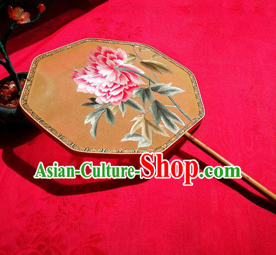 Handmade China Classical Palace Fan Embroidered Peony Fan Traditional Hanfu Yellow Silk Fan