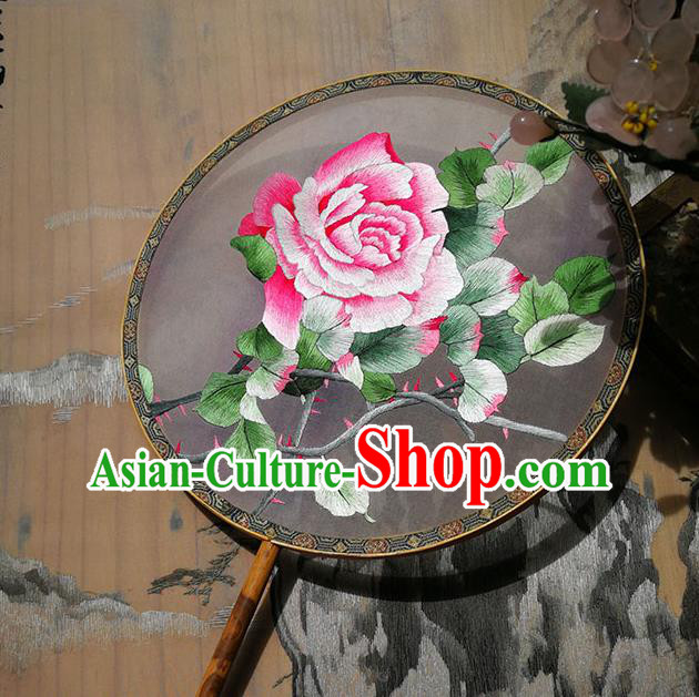 Handmade China Circular Fan Traditional Palace Fan Hanfu Silk Fan Embroidered Rose Fan