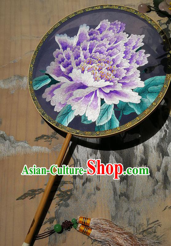 Handmade China Embroidered Purple Peony Fan Hanfu Silk Fan Circular Fan Traditional Palace Fan