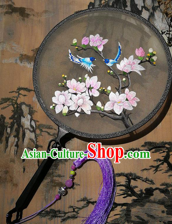 China Embroidered Mangnolia Circular Fan Handmade Black Silk Fans Palace Fan Traditional Hanfu Fan