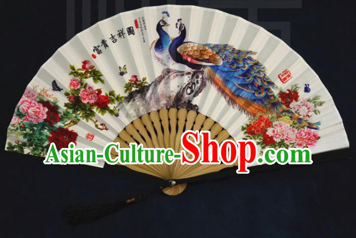 China Classical Painting Peacock Peony Silk Fan Traditional Folding Fan Handmade Accordion