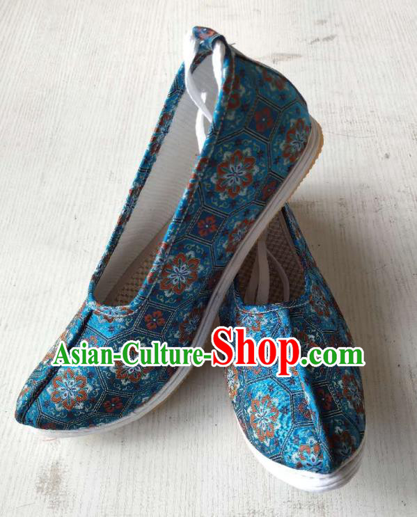 Chinese Wedding Men Shoes Handmade Classical Brocade Shoes Traditional Blue Hanfu Shoes