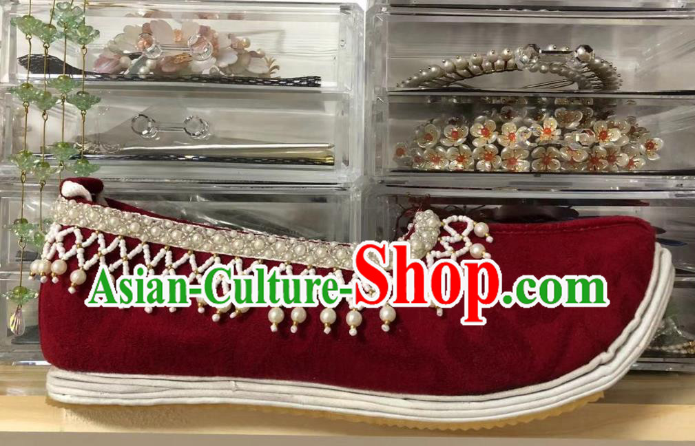 China Classical Deep Red Cloth Shoes Traditional Ming Dynasty Hanfu Shoes Ancient Princess Pearls Shoes