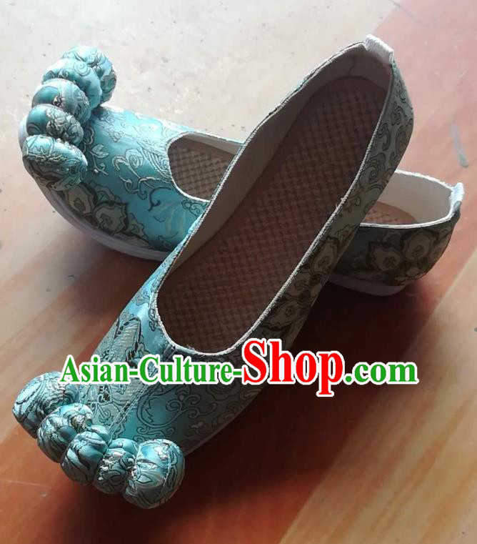 China Ancient Princess Shoes Classical Blue Brocade Shoes Traditional Song Dynasty Hanfu Shoes