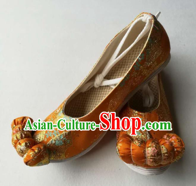 China Classical Brocade Shoes Traditional Song Dynasty Hanfu Shoes Orange Satin Shoes