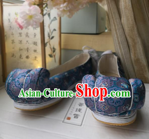 China Handmade Satin Shoes Ancient Princess Hanfu Shoes Traditional Song Dynasty Royalblue Brocade Shoes