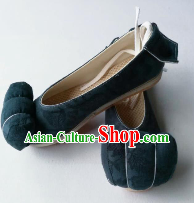 China Ancient Princess Hanfu Shoes Traditional Song Dynasty Atrovirens Flax Shoes Handmade Women Shoes