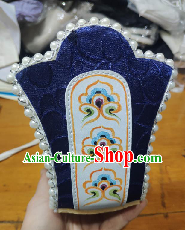 Chinese Handmade Han Dynasty Emperor Royalblue Brocade Shoes Traditional Hanfu Pearls Shoes