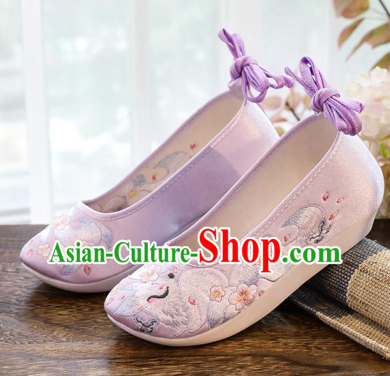 China Winter Women Shoes Classical Embroidered Fox Lilac Satin Shoes Traditional Hanfu Shoes