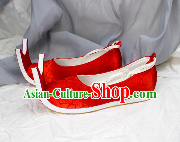 China Traditional Jin Dynasty Palace Lady Shoes Red Brocade Shoes Classical Wedding Shoes