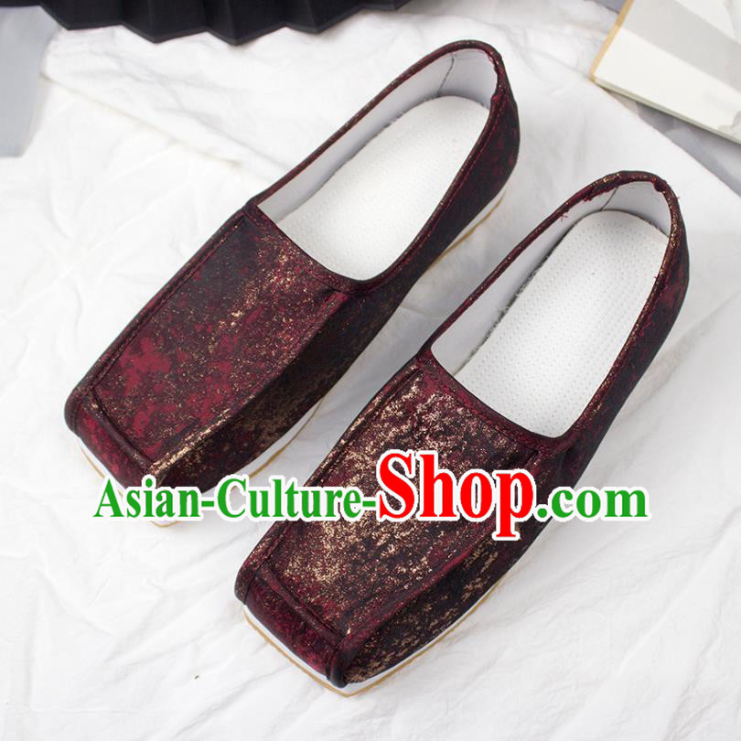 Chinese Traditional Song Dynasty Scholar Shoes Handmade Ancient Official Dark Red Satin Shoes