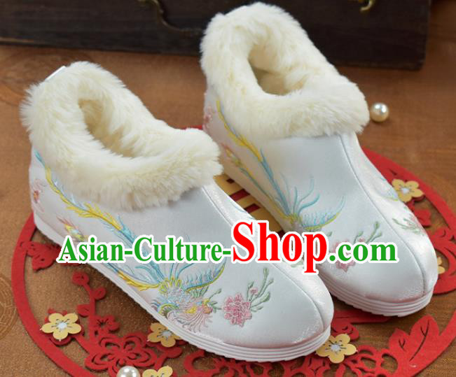 China Traditional Winter Shoes National Ankle Boots Embroidered Phoenix White Cloth Shoes