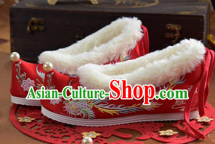 China Traditional Hanfu Shoes National Embroidered Phoenix Red Cloth Shoes Winter Wedding Shoes