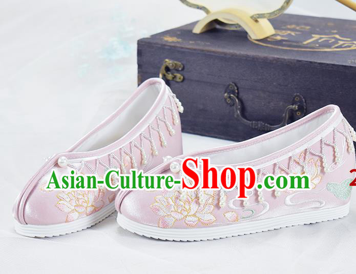 China National Embroidered Lotus Shoes Pink Cloth Shoes Traditional Beads Tassel Shoes Women Hanfu Shoes
