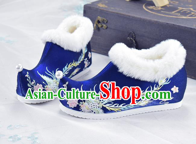China National Embroidered Phoenix Shoes Royalblue Cloth Shoes Traditional Winter Shoes Women Hanfu Shoes