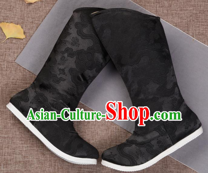 Chinese Ancient Swordsman Shoes Handmade Traditional Ming Dynasty Imperial Guard Black Brocade Boots