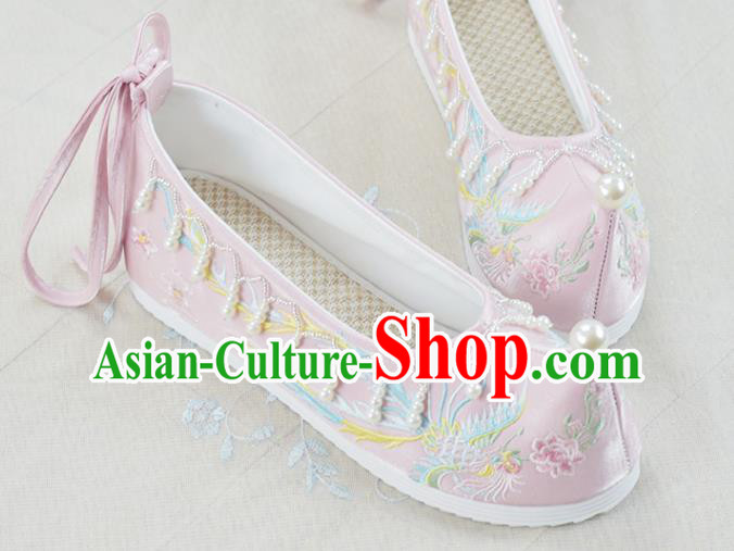 China Traditional Women Hanfu Shoes Pink Embroidered Shoes National Beads Tassel Shoes
