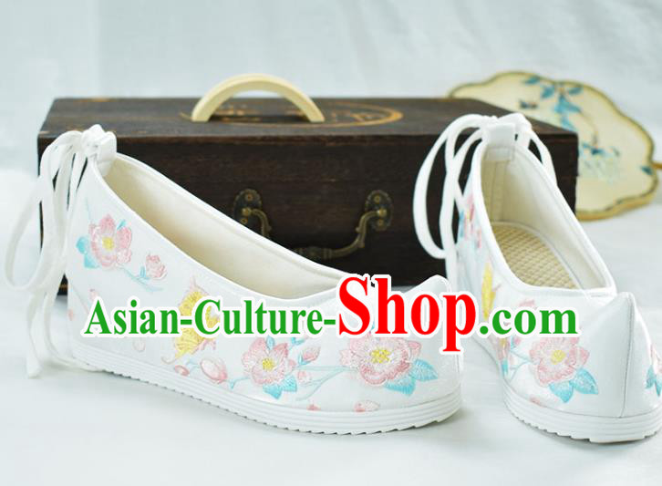 China Women White Cloth Shoes Traditional Hanfu Bow Shoes Embroidered Peach Blossom Shoes National Shoes