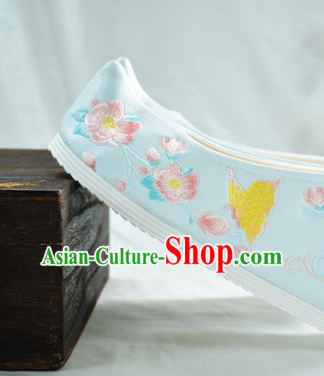 China Embroidered Peach Blossom Shoes National Wedding Shoes Women Light Blue Cloth Shoes Traditional Hanfu Bow Shoes