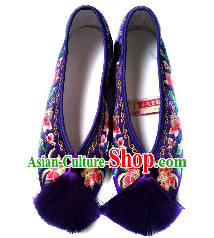 China Embroidered Flowers Shoes Classical Wedding Xiu He Shoes Traditional Purple Satin Shoes