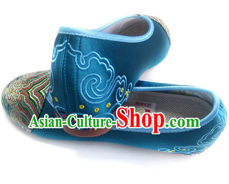 China National Women Shoes Embroidered Blue Satin Shoes Traditional Wedding Bride Shoes