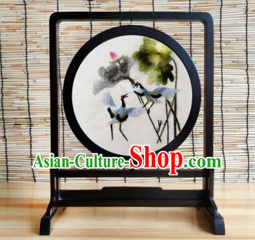 China Handmade Blackwood Craft Traditional Double Side Embroidered Crane Lotus Table Screen
