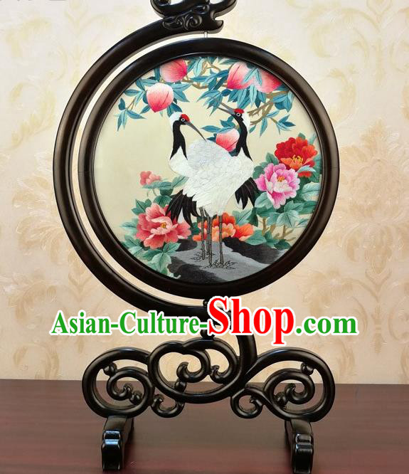China Handmade Desk Ornament Embroidery Silk Craft Traditional Embroidered Cranes Peony Table Screen