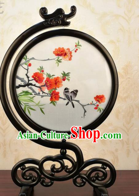China Handmade Blackwood Table Screen Traditional Double Side Embroidered Begonia Silk Craft