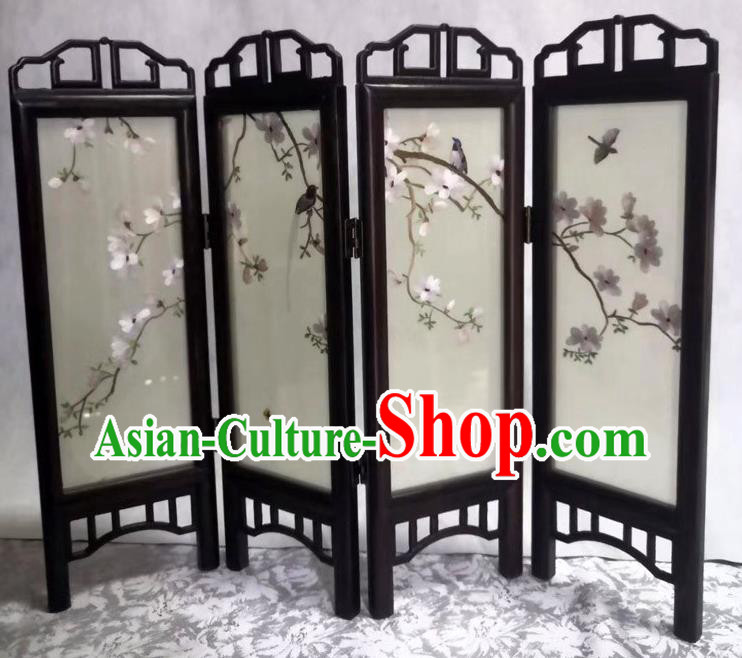 Chinese Suzhou Embroidery Mangnolia Table Screen Handmade Desk Ornaments Rosewood Folding Screen Craft