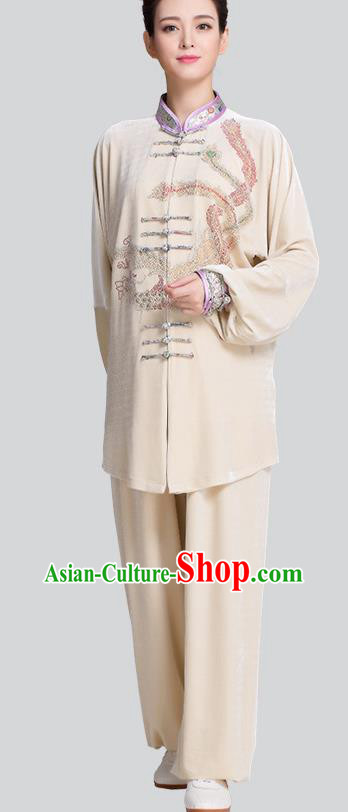 China Traditional Diamante Phoenix Beige Pleuche Uniforms Kung Fu Tai Chi Clothing
