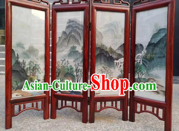 Chinese Double Side Embroidery Landscape Table Screen Handmade Rosewood Desk Folding Screen