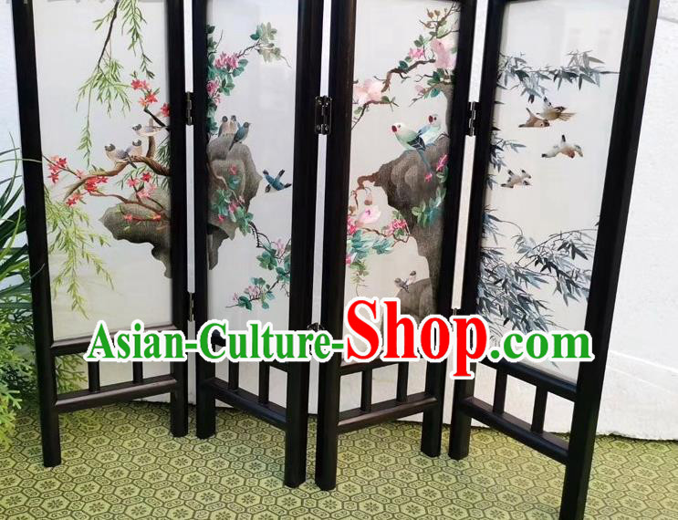 Chinese Blackwood Folding Screen Double Side Embroidery Flowers Birds Table Screen Craft Handmade Desk Ornaments