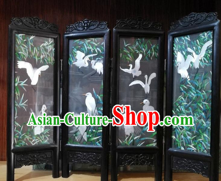 Chinese Handmade Desk Decoration Suzhou Embroidered Reed Cranes Table Screen Blackwood Folding Screen