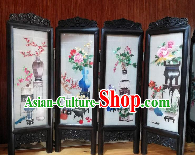 Chinese Traditional Blackwood Folding Screen Handmade Desk Decoration Suzhou Embroidered Flower Vase Table Screen