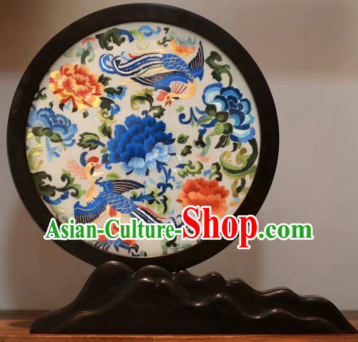 China Traditional Double Side Embroidered Phoenix Peony Table Screen Handmade Blackwood Desk Ornament
