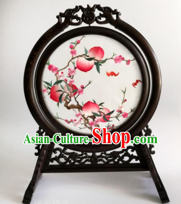 China Traditional Double Side Embroidered Peach Blossom Table Screen Artware Handmade Wenge Carving Dragon Desk Screen