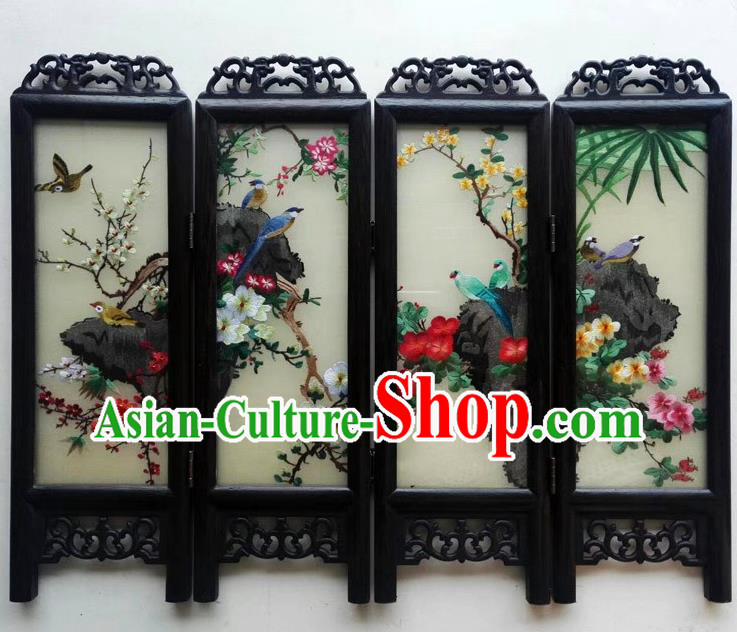 Chinese Suzhou Embroidery Table Screen Desk Ornaments Handmade Flowers Birds Folding Screen Craft