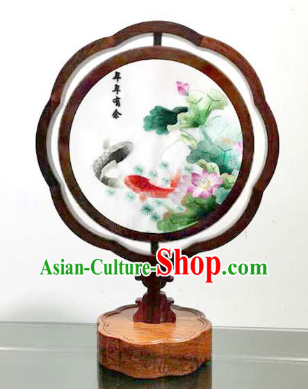 China Handmade Wood Carving Table Screen Lantern Embroidered Lotus Carps Desk Lamp