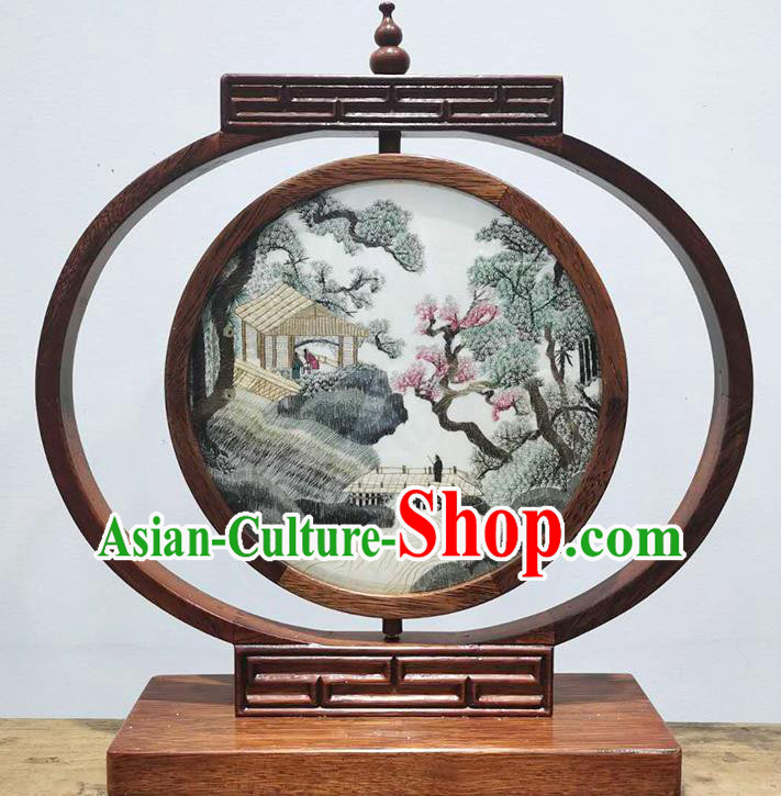 China Table Screen Suzhou Embroidered Mount Pavilion LED Bedside Lamp Handmade Wood Desk Lantern Decoration